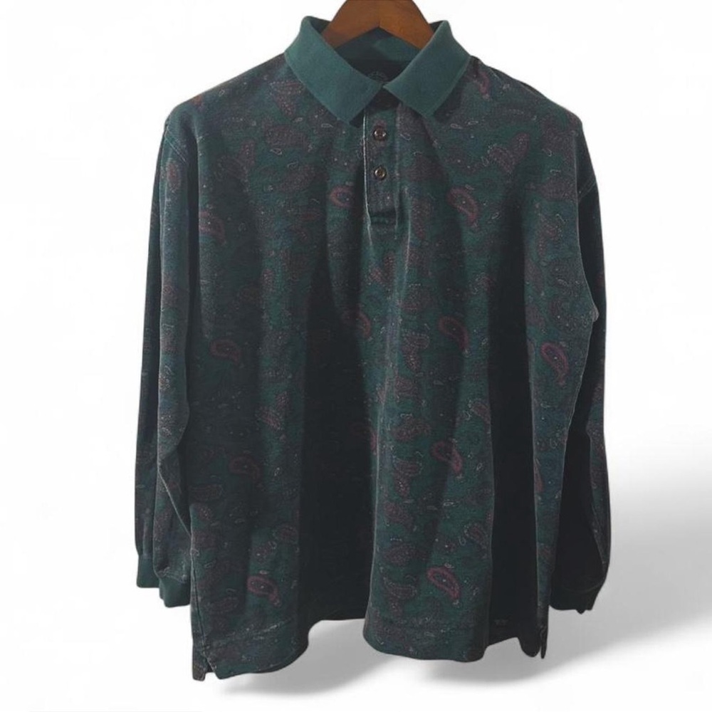 Vintage Dockers Green Paisley Long Sleeve Pique Polo Size Men’s Large